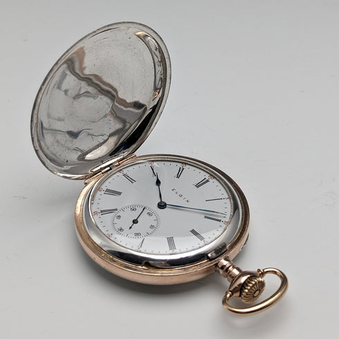 1914年 米国アンティーク エルジン 懐中時計 純銀マルチカラー ハンターケース 動作良好